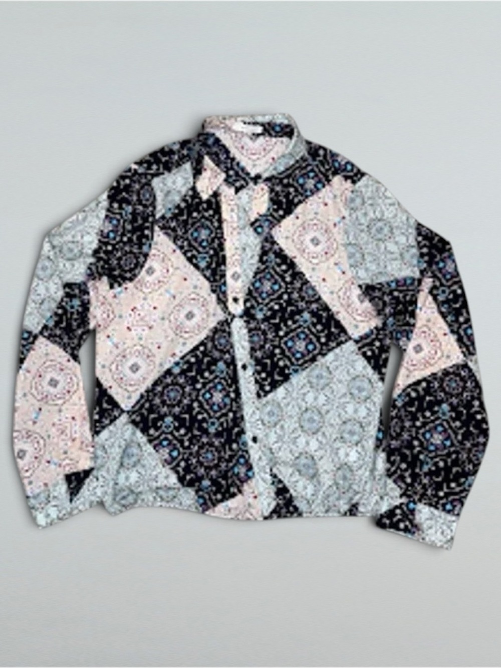 Patchwork Floral Print Button Front Long Sleeve Blouse Boho Artsy XL